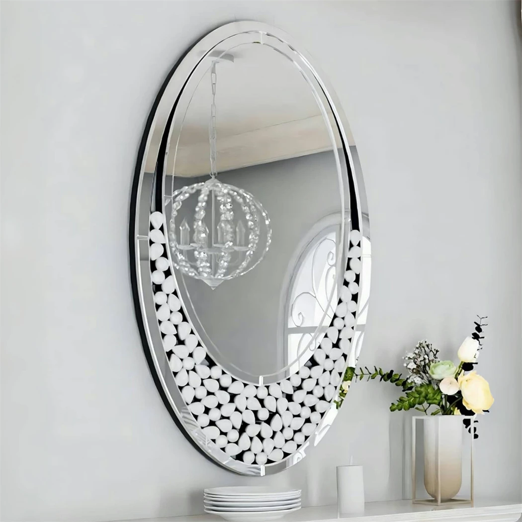 Large Wall Mirror Luxury Modern Decor Mirror Elliptical Vanity Mirror w Diamonds Crystal Frame for Home Livingroom Diningroom