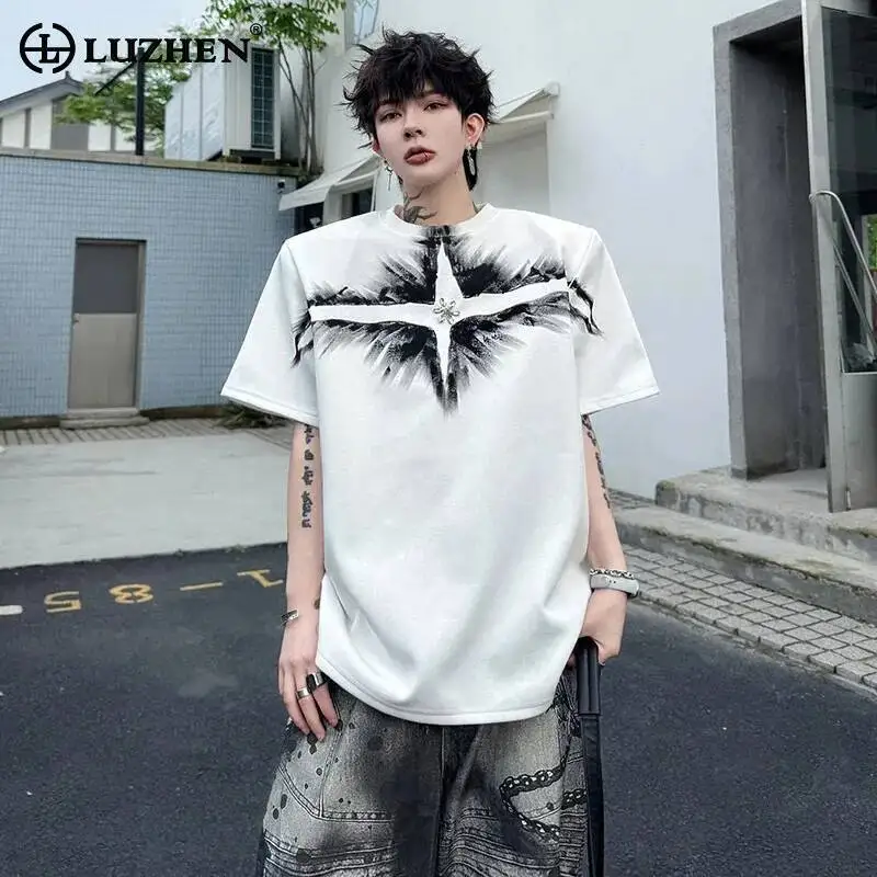 

LUZHEN 2026 Summer New Diamond Decorate Tie-dyed Pattern Short Sleeve T-shirts Men's Fashion Street Shoulder Pad Clothes JY6913