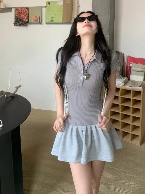 

plus Size American Neck Short Sleeve Knitted Dress Slimming Design Summer New Style Korean Style Commute Wind Skirt