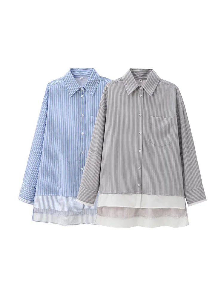 

2024 autumn new style fashionable versatile simple women's clothing sweet lapel splicing cuffs poplin striped long-sleeved shirt