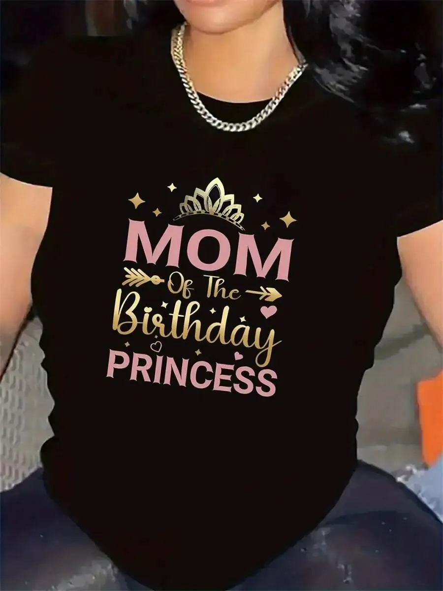 Matching Family Birthday Shirts Mom of The Birthday Princess T-Shirt Cute Crown Heart Graphic Tee Mother Daughter Party Clothes