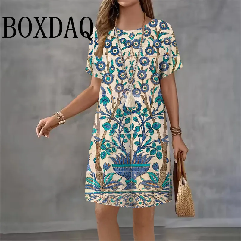 Vestidos cortos con estampado de flores azules para mujer, moda 2021, vestido holgado de manga corta con estampado 3D, vestido informal de playa acampanado