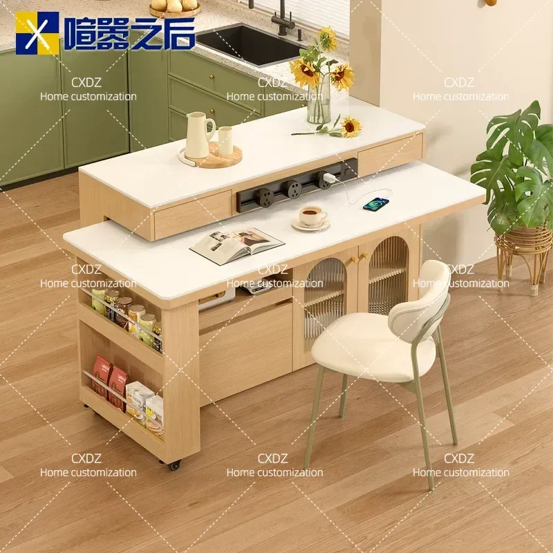 Solid Wood and Rock Slab Island Dining Table with Rotatable and Retractable Design for Open Kitchen Bar