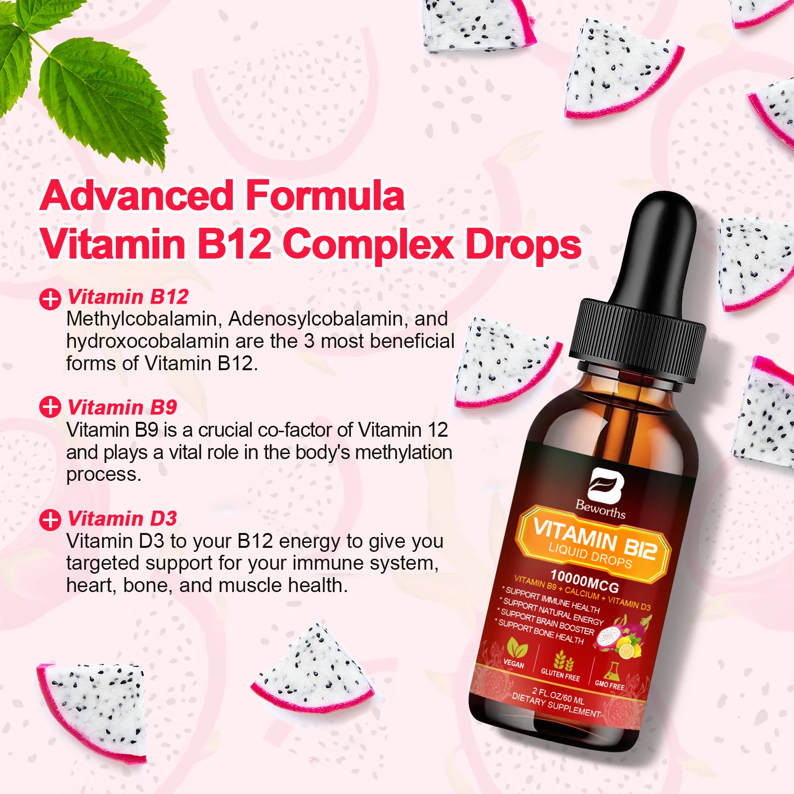 BEWORTHS Bevanda di vitamina B12 e vitamina D3 Integratori complessi di vitamine Salute digestiva immune e intestinale Salute del cervello e del cuore