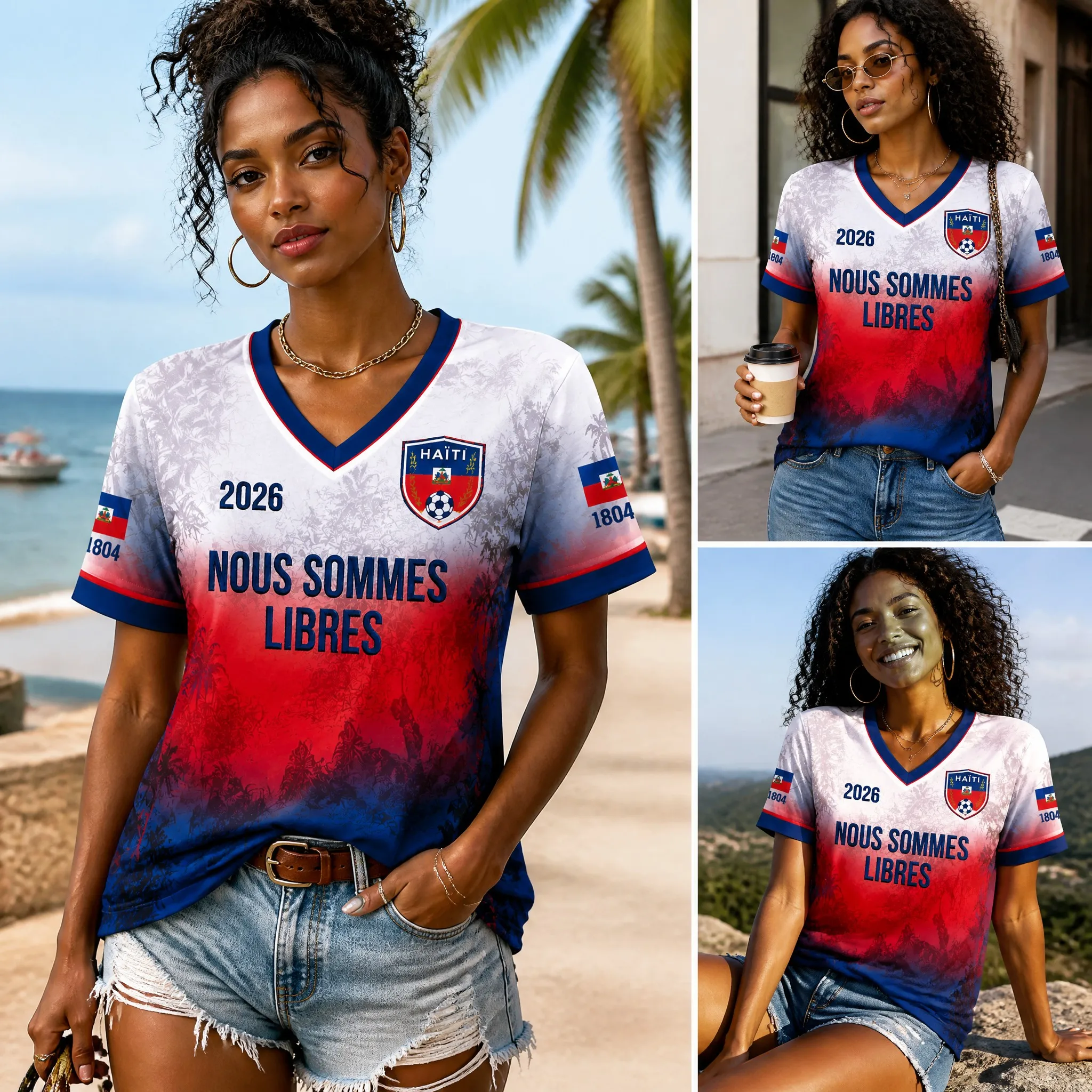 Haiti Womens Freedom V Neck Short Sleeve Tee Casual Beach Vacation Loose Fit Summer Top With Gradient Print And Crest Detail Fit