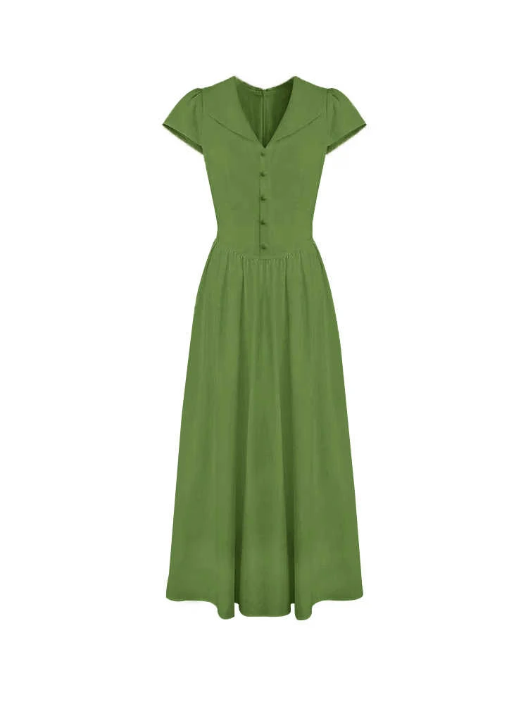 ヴァイオン・スレ カラー レディース ドクター・フリル サマー2025 ハイウエスト Aライン ニット オルト・スヴェ Vネック シングルボタン