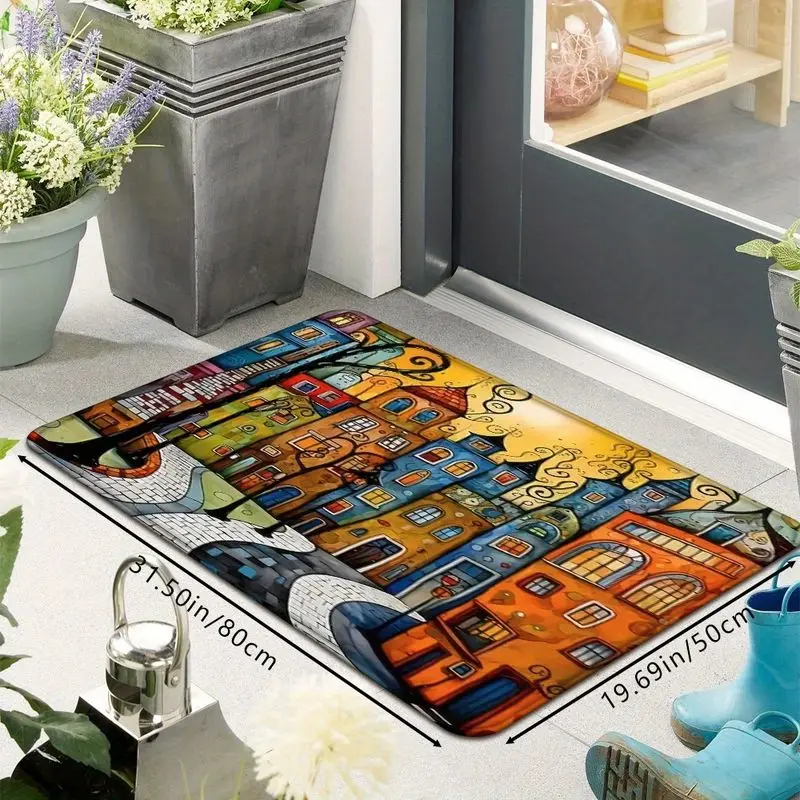 VIKAMA Fantasy City Street Rug, Fairytale-Style Colorful Houses and Architecture Art Illustration Non-Slip Entry Mat, Home Decor