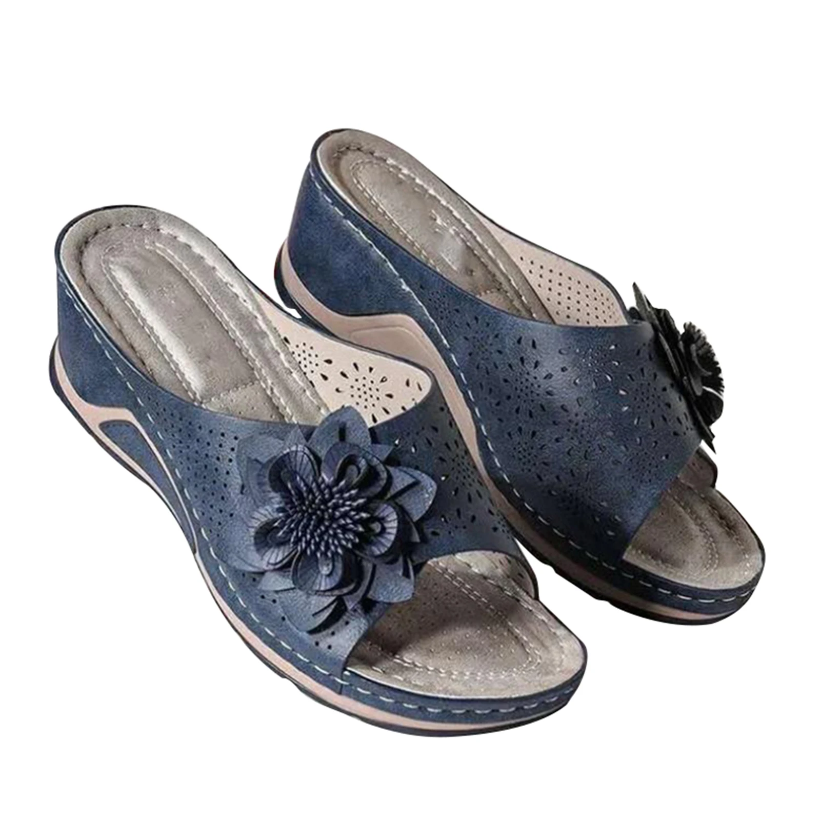 Suede Leather Soft Footbed Orthopedic Arch-Support Sandals For Women Flower Hollow Design Summer Beach Shoes Female Wedges Shoe