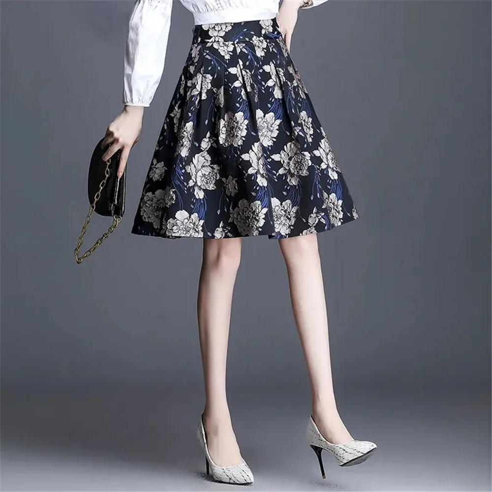 Bedrukt A-Lijn Rok Halve Rok Dames Zomer Nieuwe Hoge Taille Geplooide Rok Afslankend Effect Oversized Gezwollen Herfst Korte Rok