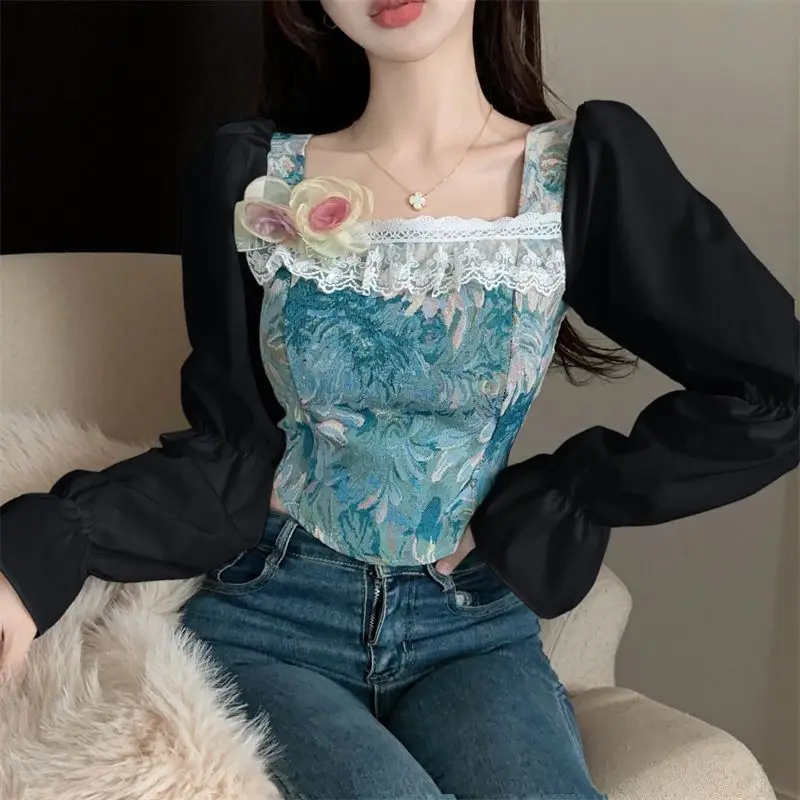 French Retro Short Shirts Women Flare Sleeve 3D Flowers Lace Patchwork Print Square Collar Slim Design Spring Autumn Sweet Chic