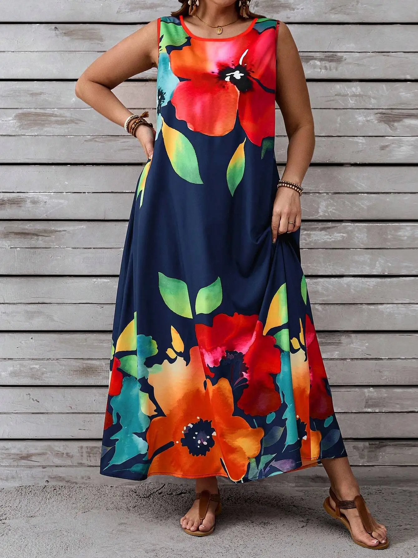 

Женское макси-платье без рукавов с цветочным принтом для лета и пляжа в богемном стиле