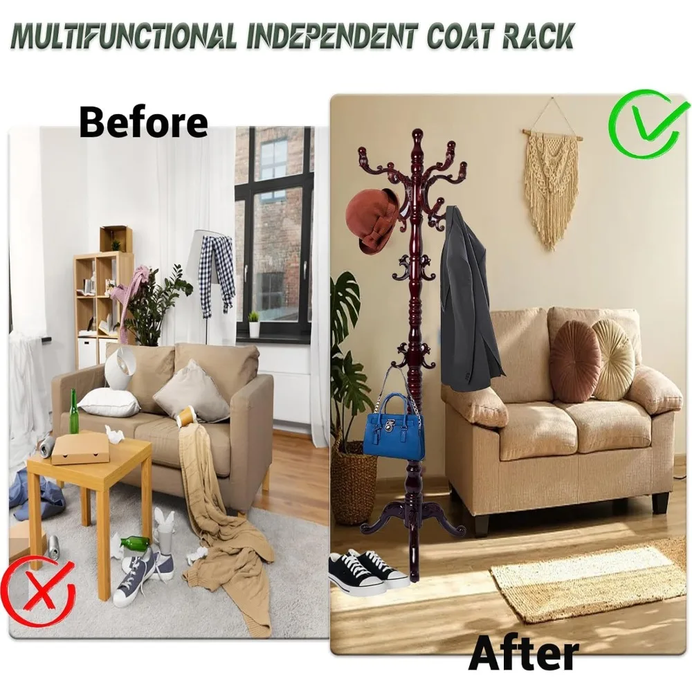 رف معطف خشبي قائم بذاته مع 14 خطافًا، ارتفاع قابل للتعديل، شديد التحمل، قاعدة مستديرة صلبة - حامل معطف شجرة القاعة للمنزل #5