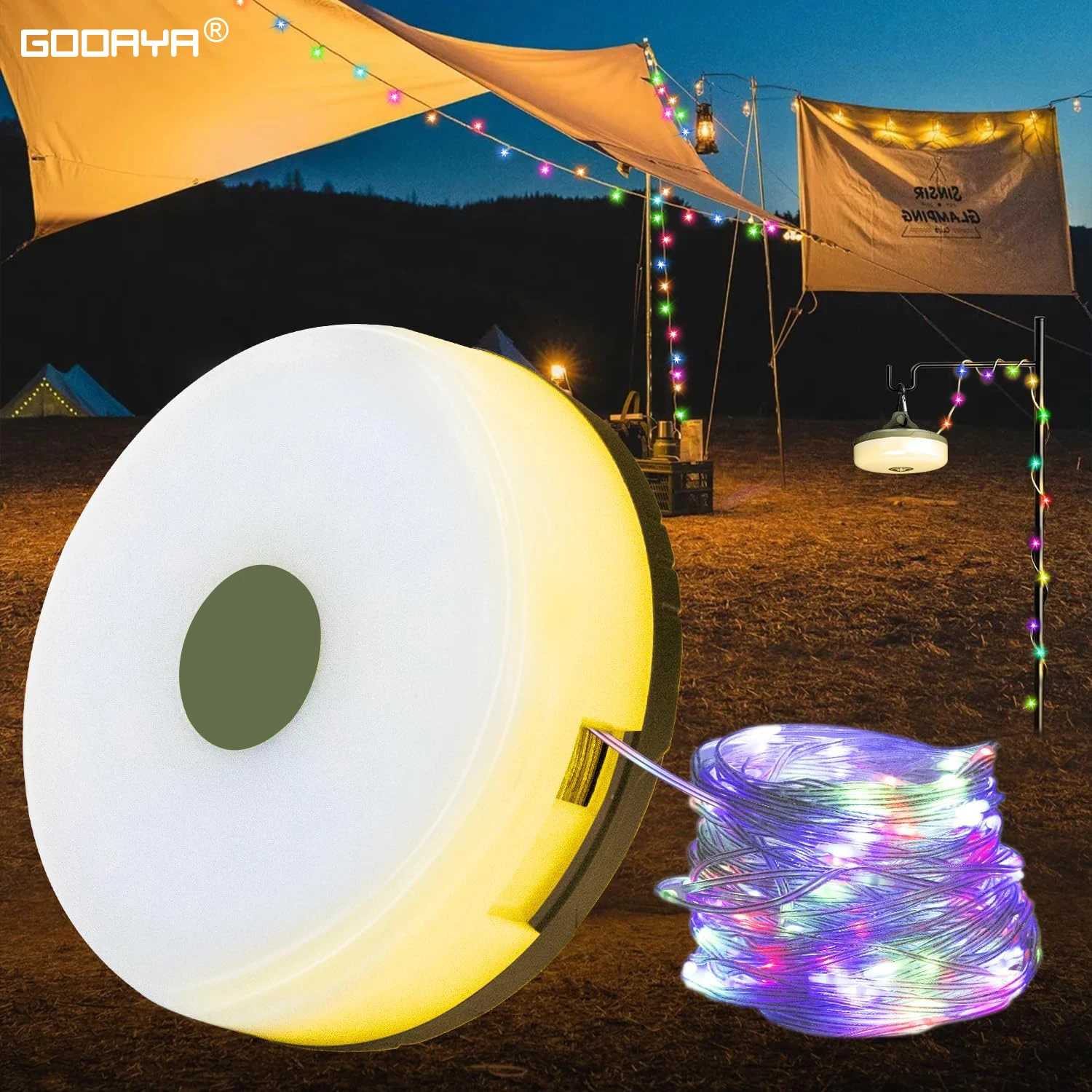 USB Rechargeable Camping Light 10meter Light String Outdoor Tent Light RGB Atmosphere Light XTE LED Flashlight with Magnet Hook