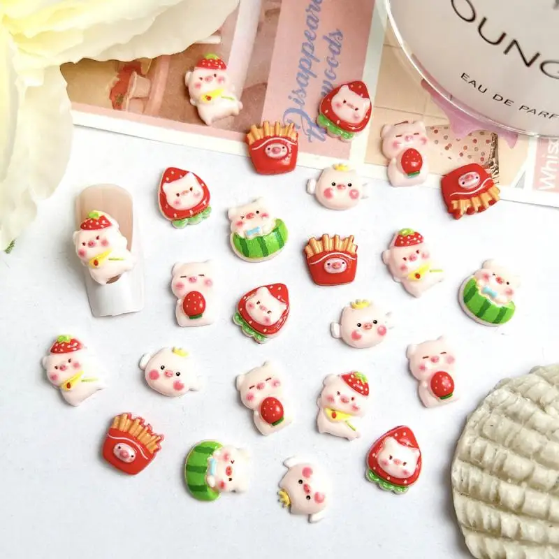 20PCS น่ารัก Powder Blusher Srawberry Piglet เล็บ Charms การ์ตูนแตงโมหมูเรซิ่นตกแต่งเล็บสําหรับ DIY เคสโทรศัพท์เล็บ