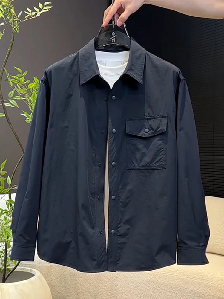 

Spring Autumn Faion Loose Men's Pure Color irt Jaet Turn-down Collar Casual Wear Resistant Polyester Nylon Cosite Fiber