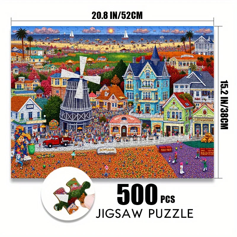 Papieren puzzel van 500/1000 stuks - Charmante windmolen en kleine stadsscène, krasbestendig, senior-vaardigheidsniveau, rechthoekig sha