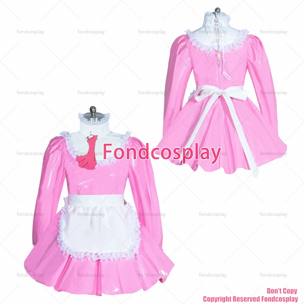 

fondcosplay adult sexy cross dressing sissy maid short french lockable baby Pink thin PVC dress Uniform costume CD/TV[G3959]