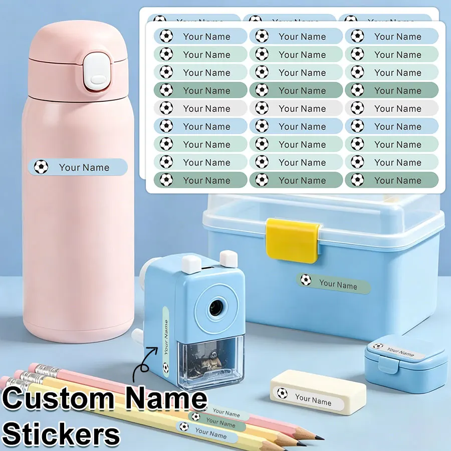 Étiquettes personnalisées thème foot-Name Stickers étanches multilingues pour école, boîtes repas, crayons, bouteilles et affaires enfants