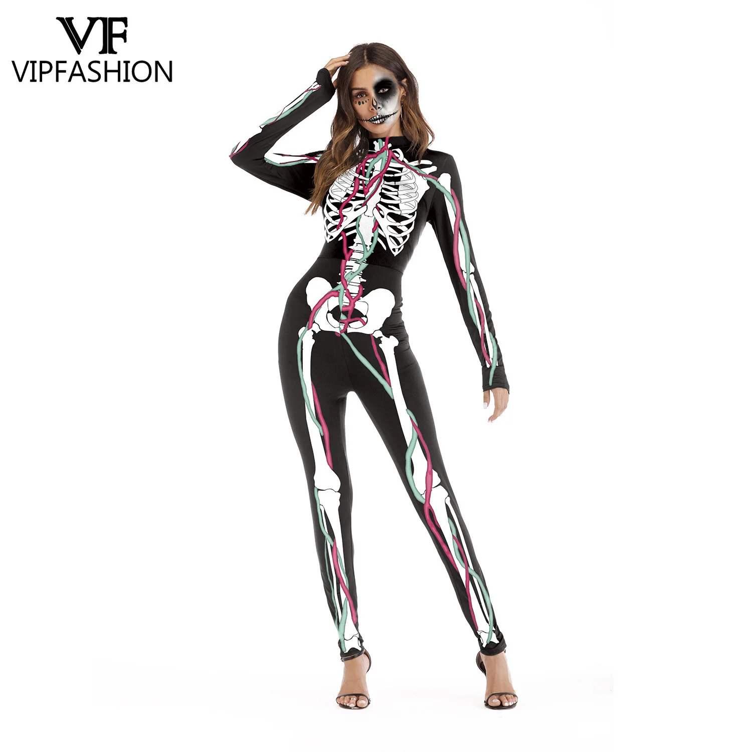 

VIP FASHION Women Skeleton Print Bodysuit Halloween Cosplay Long Sleeve Jumpsuit Day of the Dead Costume Festival Party Catsuit