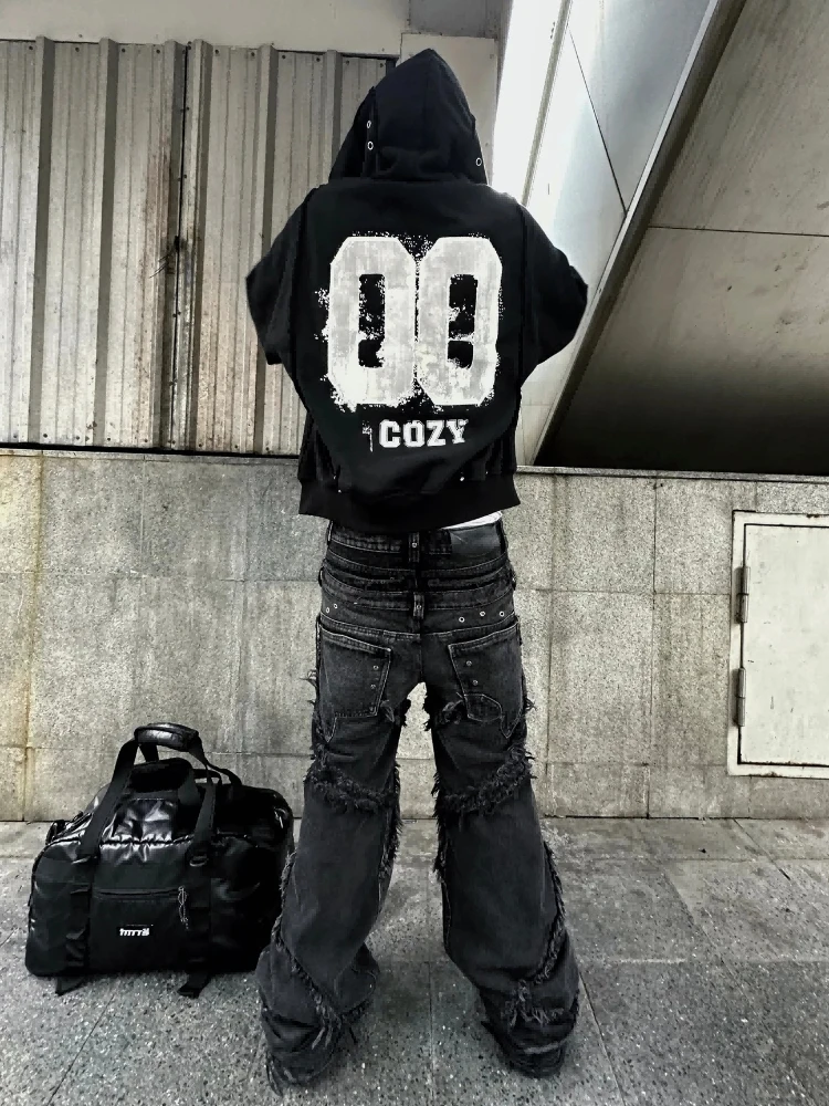 

Trendy cardigan hooded sweatshirt with American print retro high street loose casual metal decorative jacket