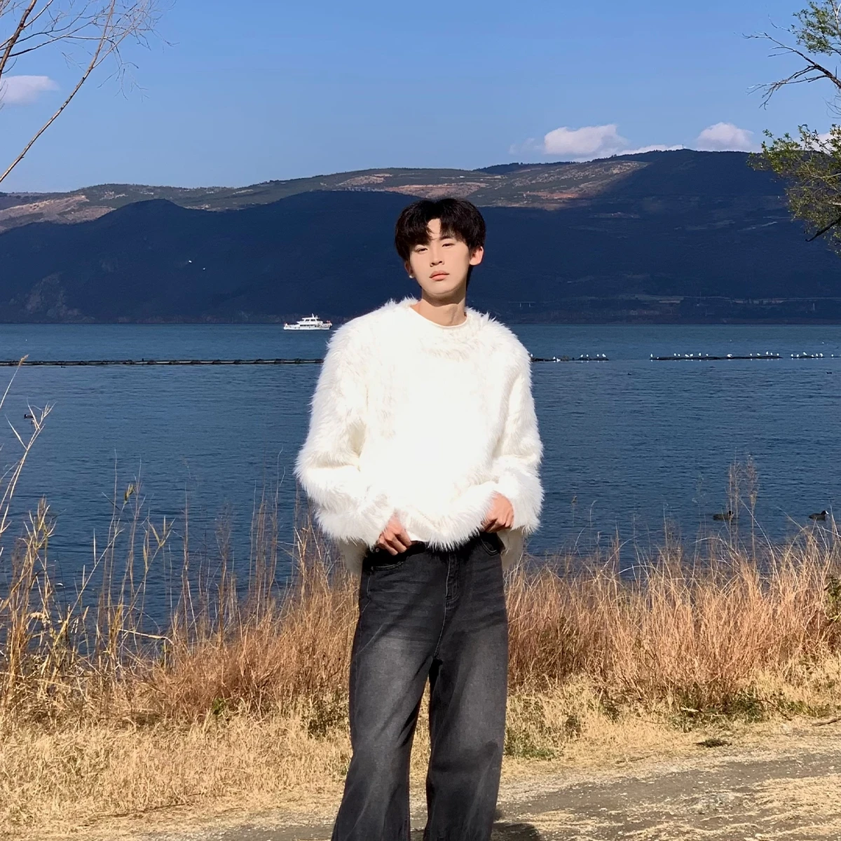 

Мужской вязаный свитер больших размеров на осень-зиму, свободный крой, с капюшоном из искусственного меха, парный, для пар, большие размеры, 300 Pou, в стиле бойфренд