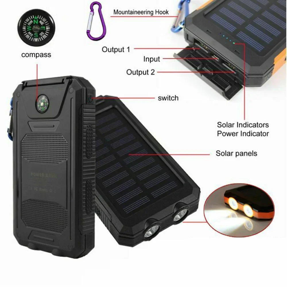 80000mAh Portable Solar Power Bank with Dual USB LED Light Fast Charging Waterproof Powerbank with SOS Flashlight Poverbank