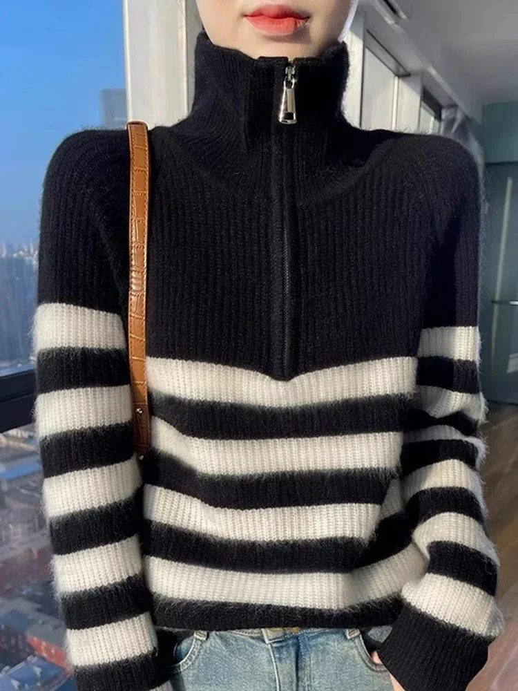 Women Velvet Striped Sweater White Turtleneck Half Zipper Stand Collar Thickened Angora Inner Wear Base Knit Cardigan Winter Top