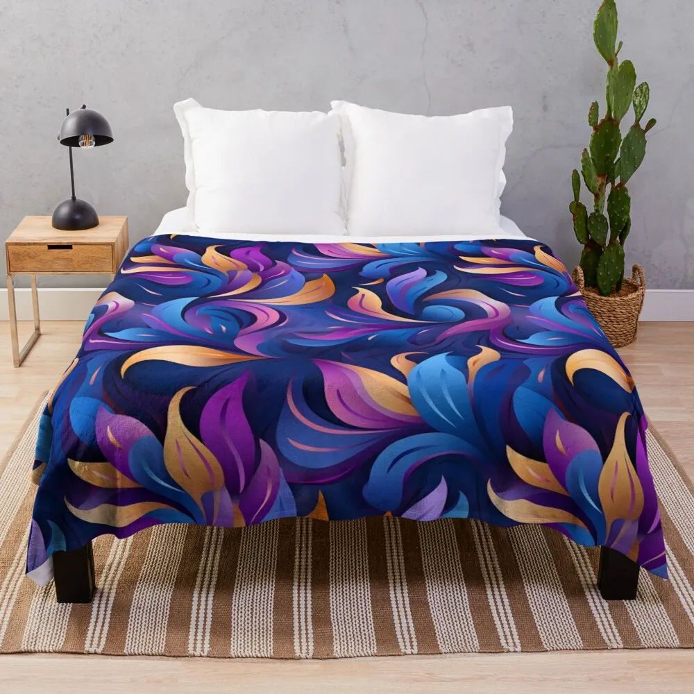 

Blue, Purple & Gold Leafy Abstract Pattern Throw Blanket Single Hairys Camping Blankets For Sofas Blankets