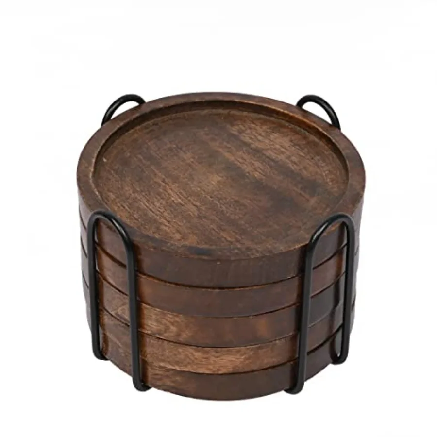 

Mango Wood Coasters for Drinks with Iron Holder Stand Set of 5 for Drinking Glasses, Tabletop Protection for Any Table Type