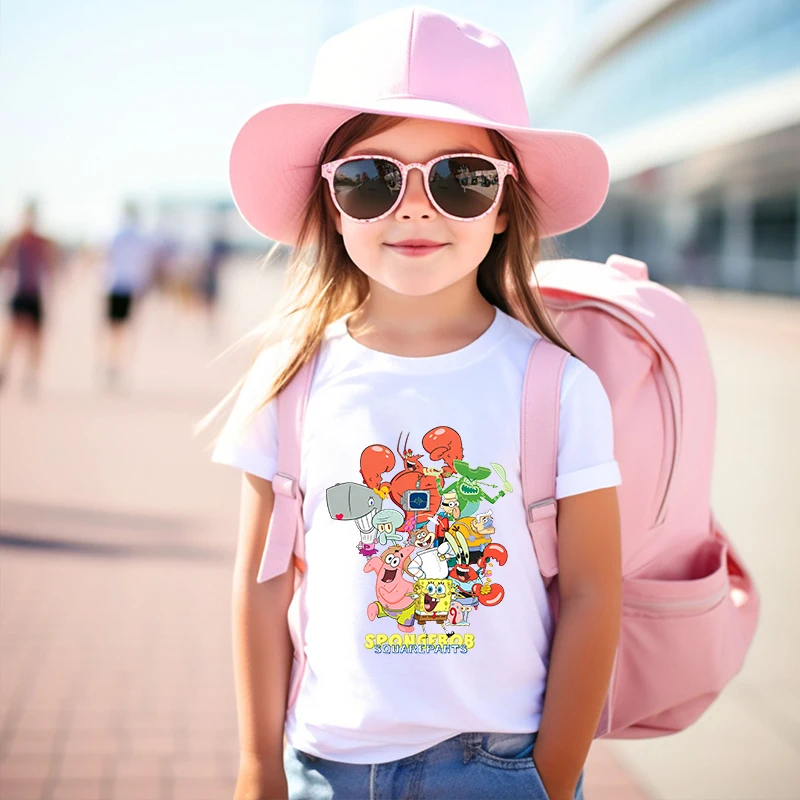 MINISO SpongeBob SquarePants printed children's clothing kids cotton T-shirt white short-sleeved cartoon top for girls