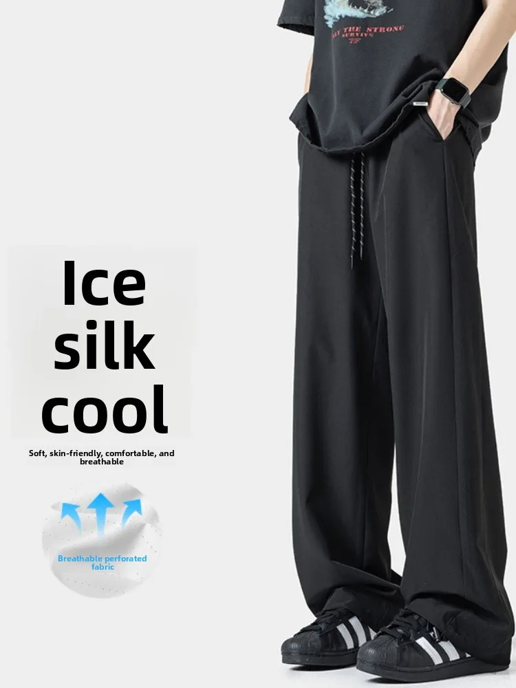 

Мужские летние тонкие свободные повседневные брюки из ледяного шелка, прямые спортивные штаны, модные свободные длинные брюки