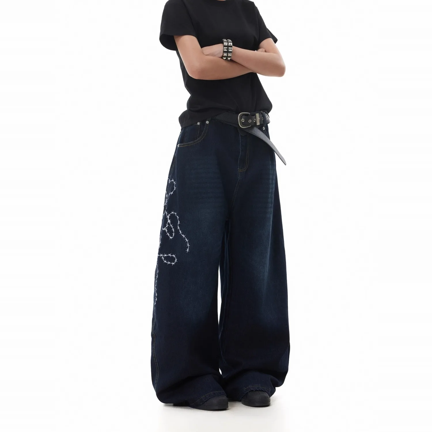 DM Herren Y2K High Waist Casual Baggy Pocket Hose Vintage Blau Übergroße Jeans 2000S Weites Bein Grunge High Street Denim Hose