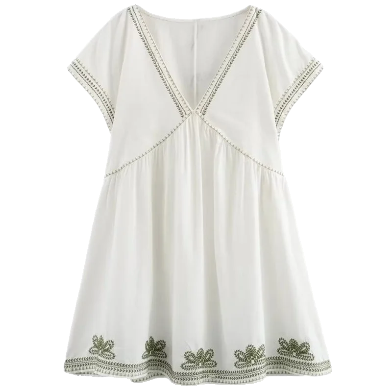 Slimming Contrast Color Embroidery V-ne ort Dr New Summer 2024 Women's Faion Commute Sle Single Piece Dr