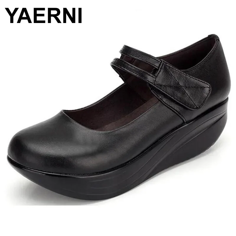 

YAERNI Black High Heel Wedges Women Genuine Leather Lady Platform Shoes