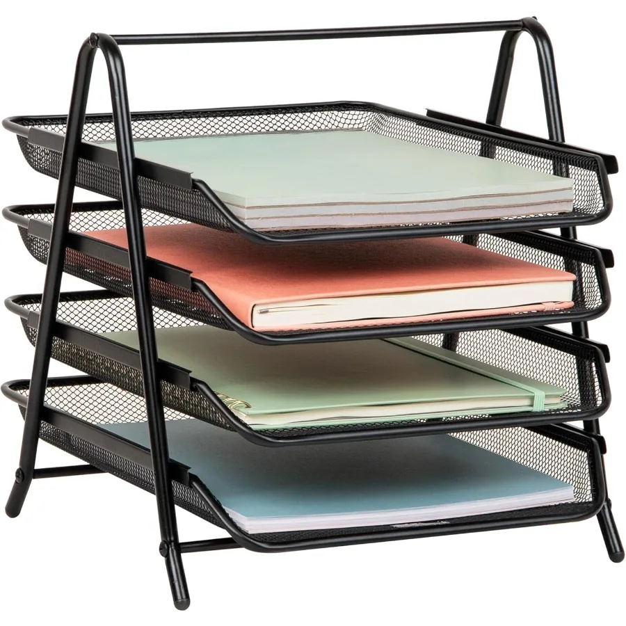 4-Tier Metal Mesh Desktop Organizer with Paper Tray for Office and Workspace File Storage 12L x 13.75W x 12.5H Black Efficient