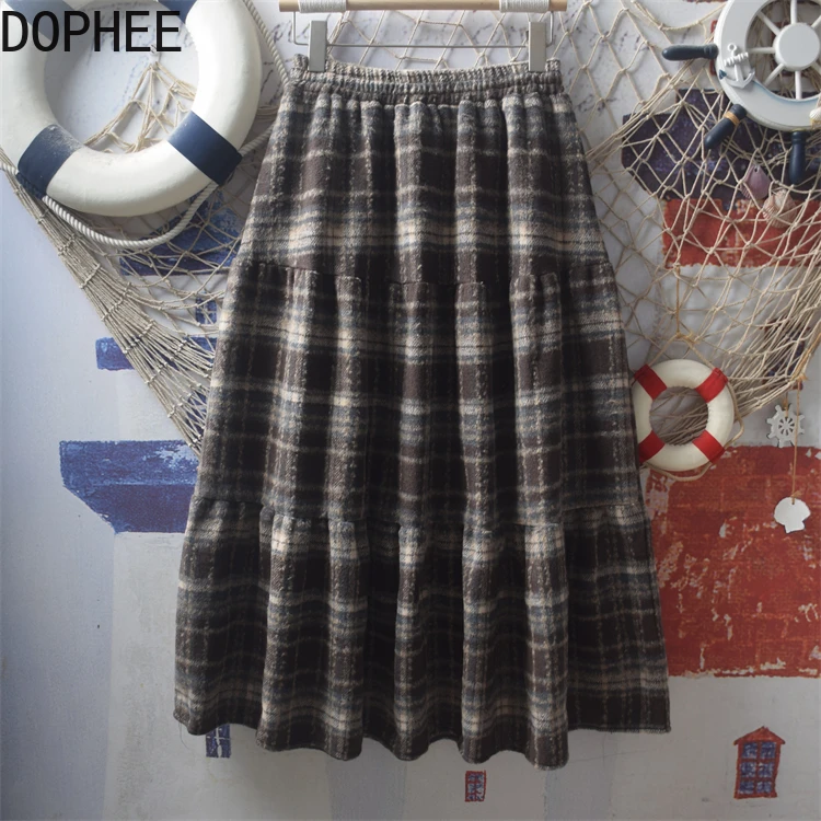 Japanese Autumn Winter Vintage Woolen Skirt Preppy Style Mid-long Women A-line Skirt All-match Elastic Waist Plaid Cake Skirts