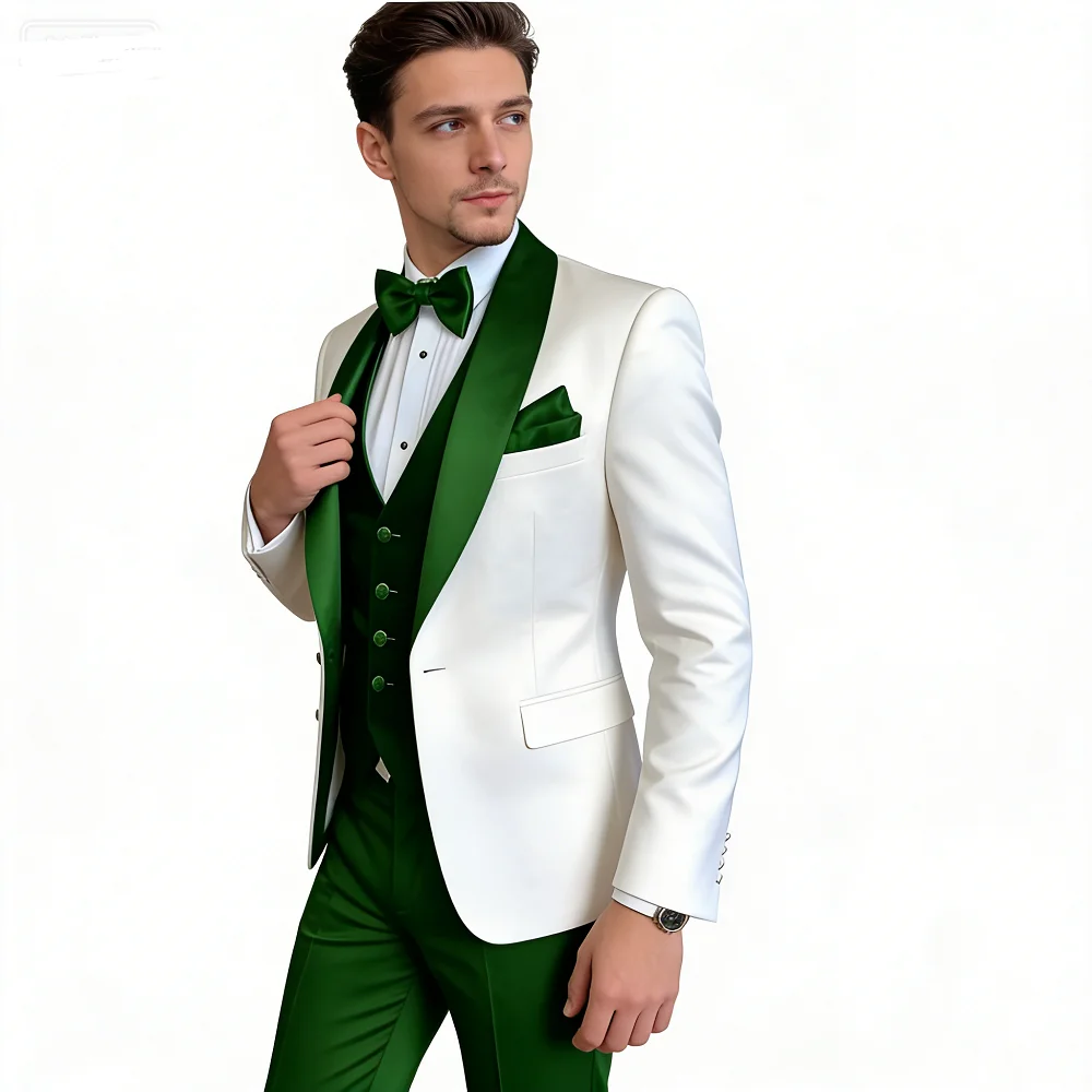 

Customized Men's 3-Piece Tuxedo with Scarf Lapel Smoking Suit Wedding Groomsmen Formal Party Blazer Terno Masculino