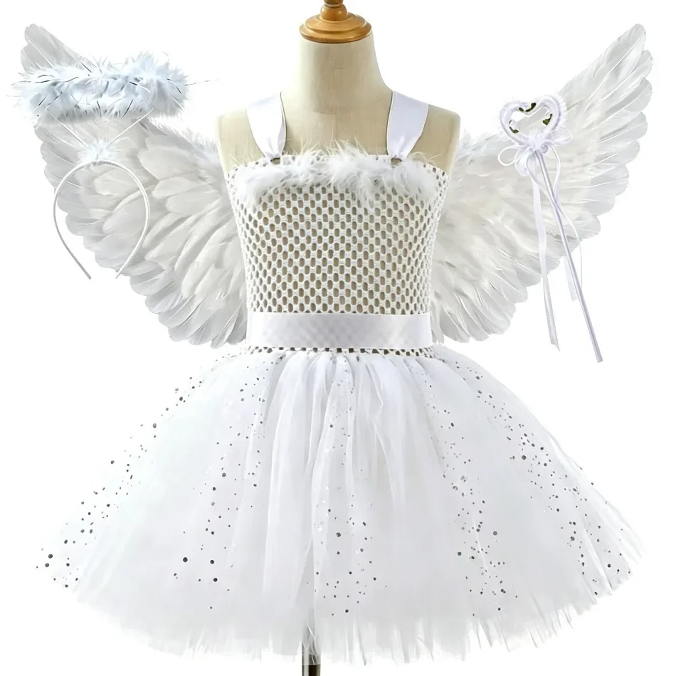 Girls White Angel Tutu Dress Sequin Tulle Skirt With Angel Wings Magic Wand Kids Halloween Party Fairy Cosplay Fancy Dress ZZ12