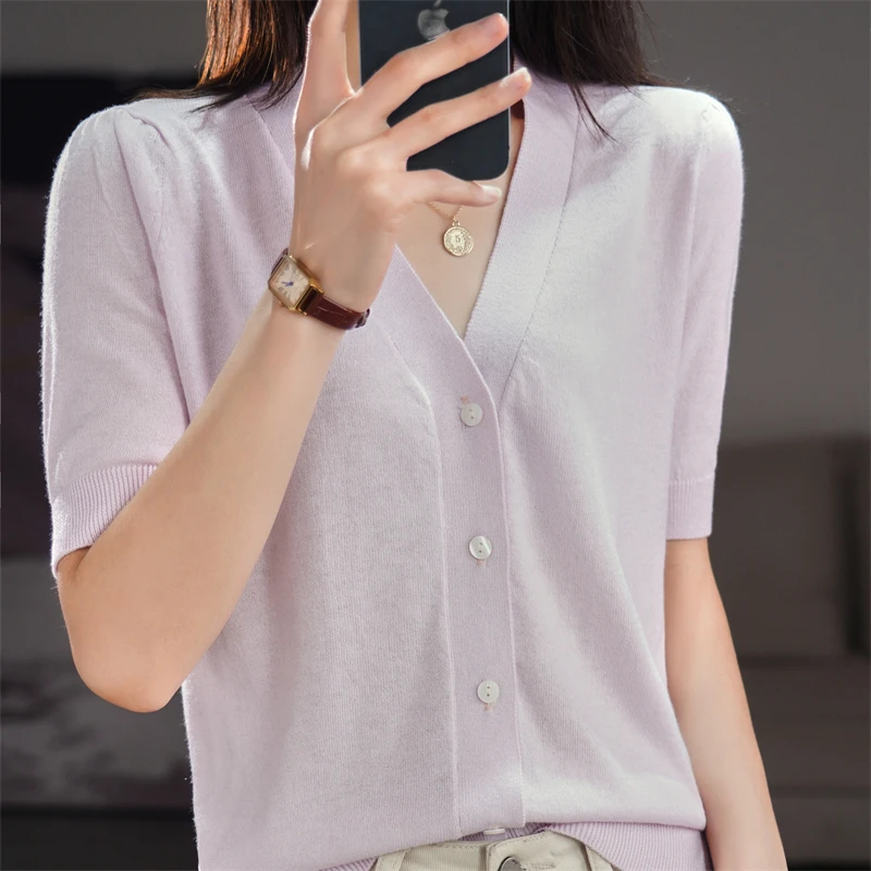 22 new V - collar worsted wool cardigan women temperament all-match five-point sleeve cashmere sweater loose plain short sleeves