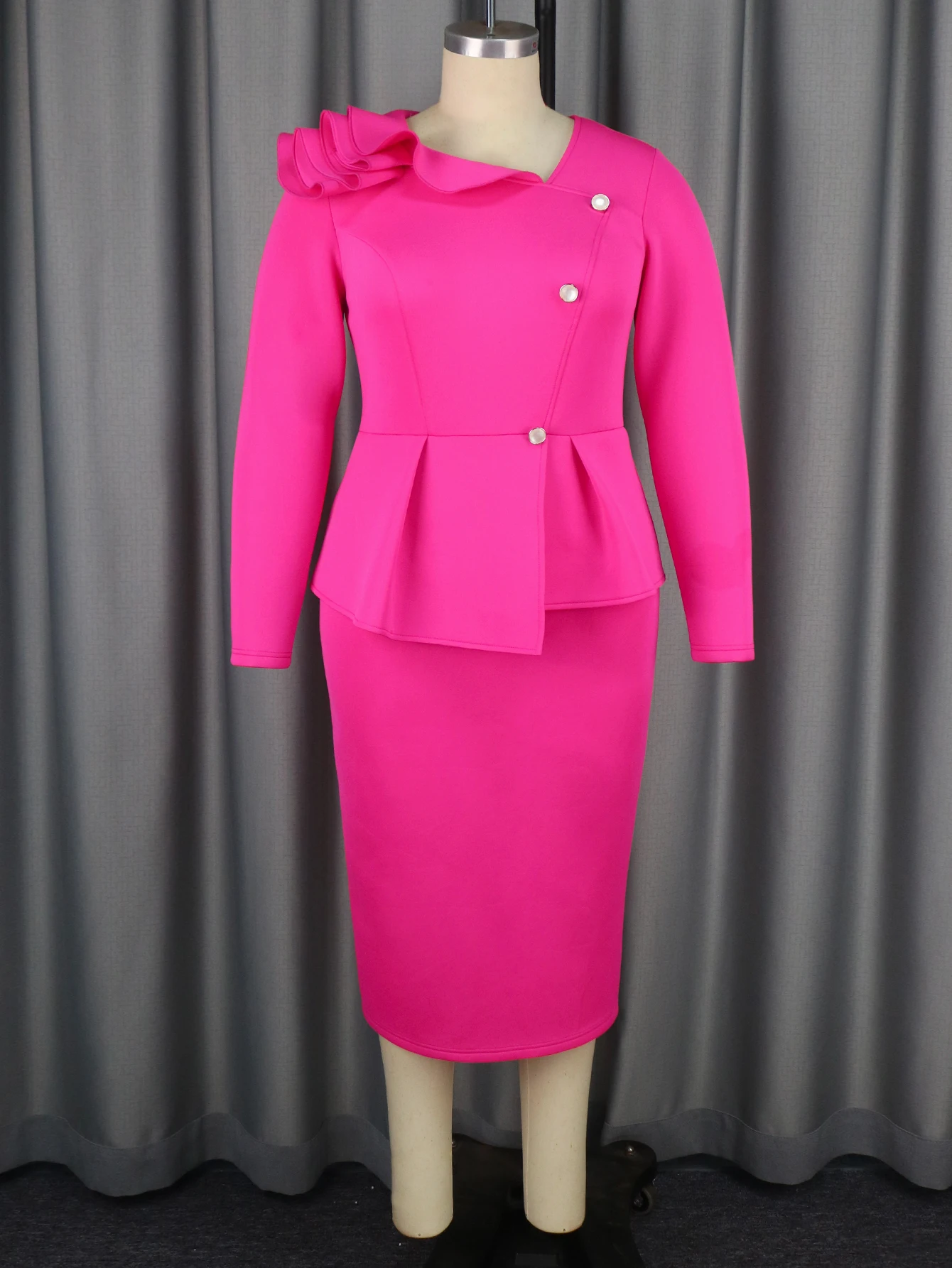 AOMEI-vestido de fiesta fucsia con volantes para mujer, cuello Irregular, manga larga, botones, elegante, Delgado, Formal, graduación, cumpleaños, talla grande