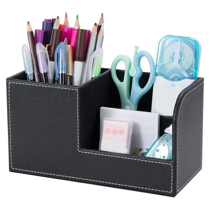 Multifunctional Desk Storage Rack PU Leather Pen Holder Desk Storage Storage Box Stationery Business Card Pen Black