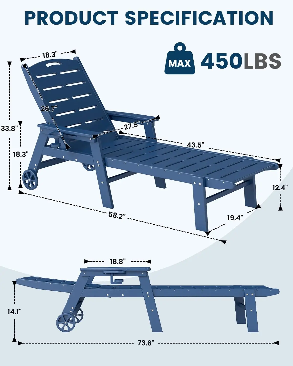 HDPE Outdoor Chaise Lounge Set of 2, 5-Position Adjustable Pool Chair with Wheels & Cup Holder for Patio Deck, Blue, Customized