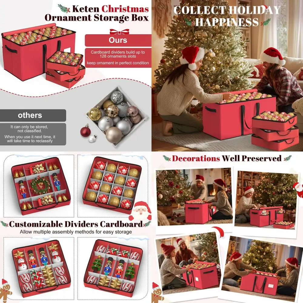 

Red 600D Oxford Christmas Ornament Storage Box with 8 Trays, Holds 128 3-Inch Holiday Balls, 48 Dividers, Dual Zip Closure