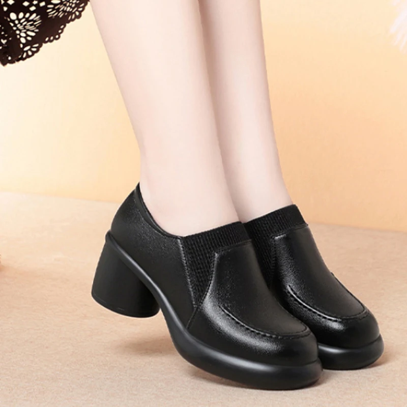 

Womens New Black Leather Chunky Heel Loafers Elastic Gore Thick Non Slip Sole Comfortable Casual Shoes For Daily Office Wear