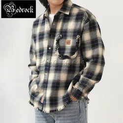 MBBCAR Vintage Plaid Shirt For Men One Washed Distressed Loose Shirt Jacket Fake Pocket Decoration Work Overshirt