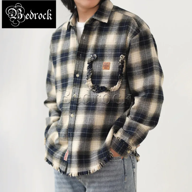 MBBCAR Vintage Plaid Shirt For Men One Washed Distressed Loose Shirt Jacket Fake Pocket Decoration Work Overshirt