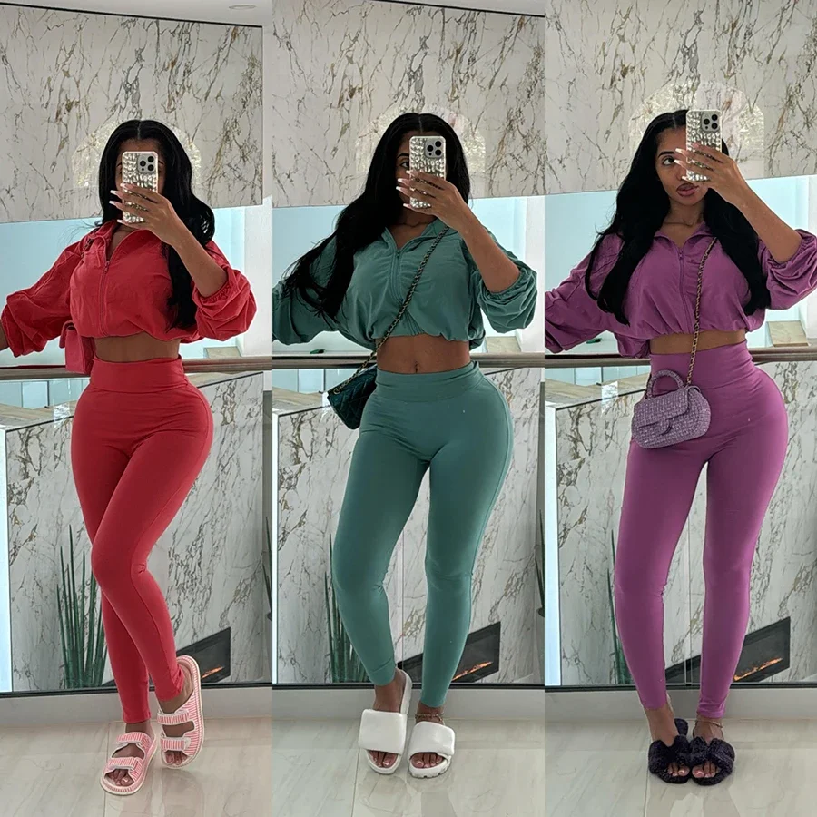 Fall clothing women\'s sets casual women zipper two piece sets drawstring pure color tracksuit set