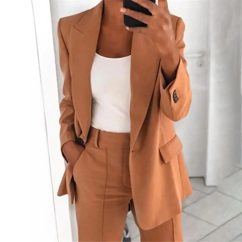 2Pcs/Set Women Lapel Long Sleeve Blazer High Waist Straight Wide Leg Long Pants Set One Button Pockets Coats Solid Work Suits