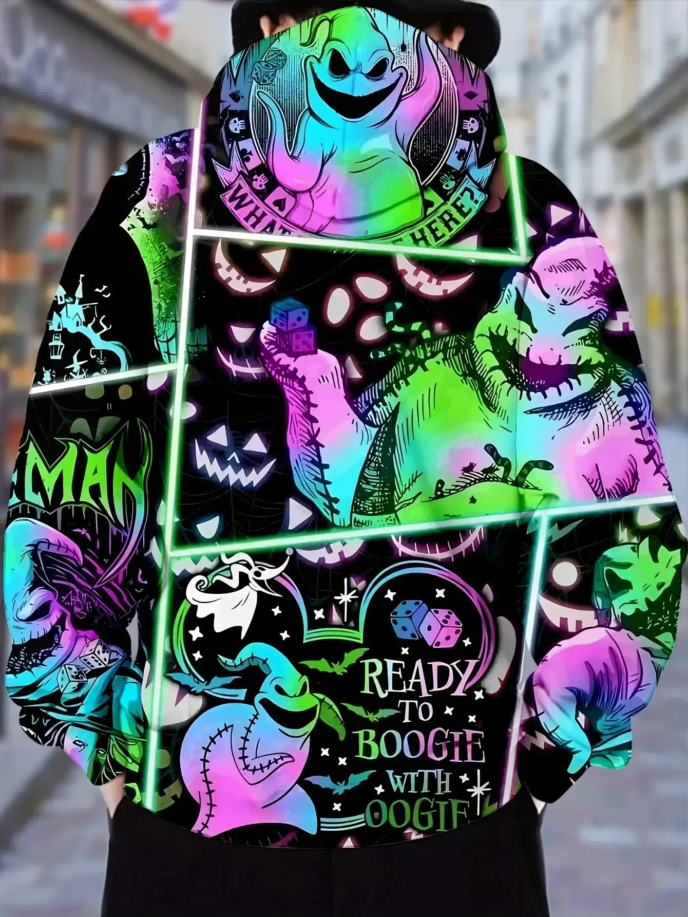 Herren Oogie Boogie Neonfarben-Gittermuster-Kapuzenpullover mit Kordelzug und Tasche – Detail 3