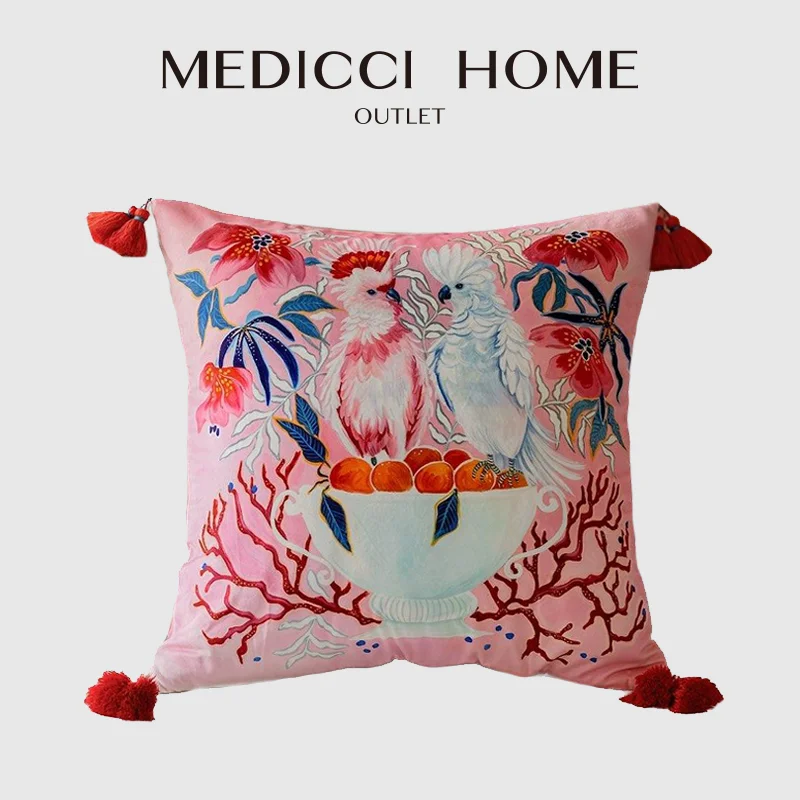 Medicci Home Pink Parrot Love Birds Floral Decorative Cushion Cover Super Soft Velvet Throw Pillowcase 2025 Valentine's Day Gift